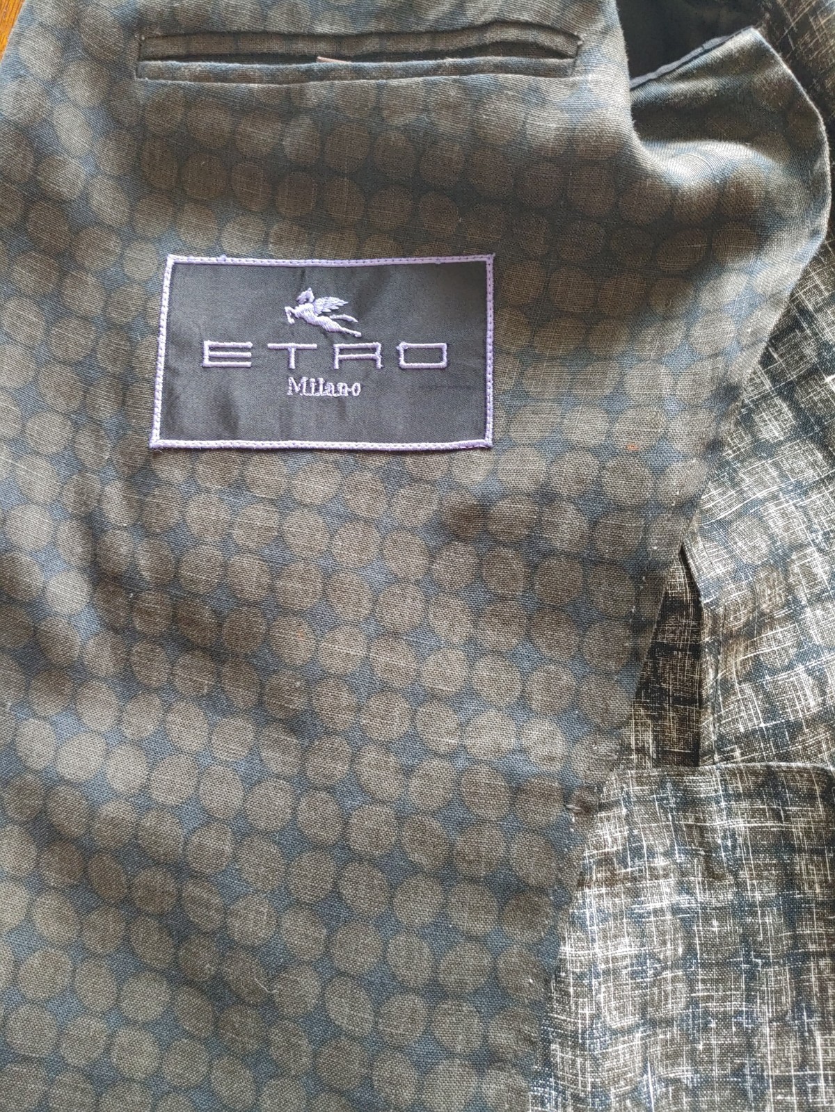 Mens Etro Unlined Linen Sports Jacket Size 44R Navy + Olive Printed Fabric