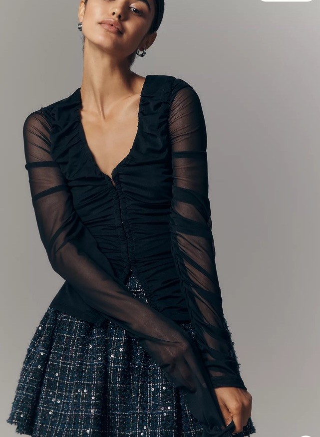 Maeve Anthropologie Black Mesh Ruched Hook Eye Bell Sleeve No Size Tag Fits XS-S