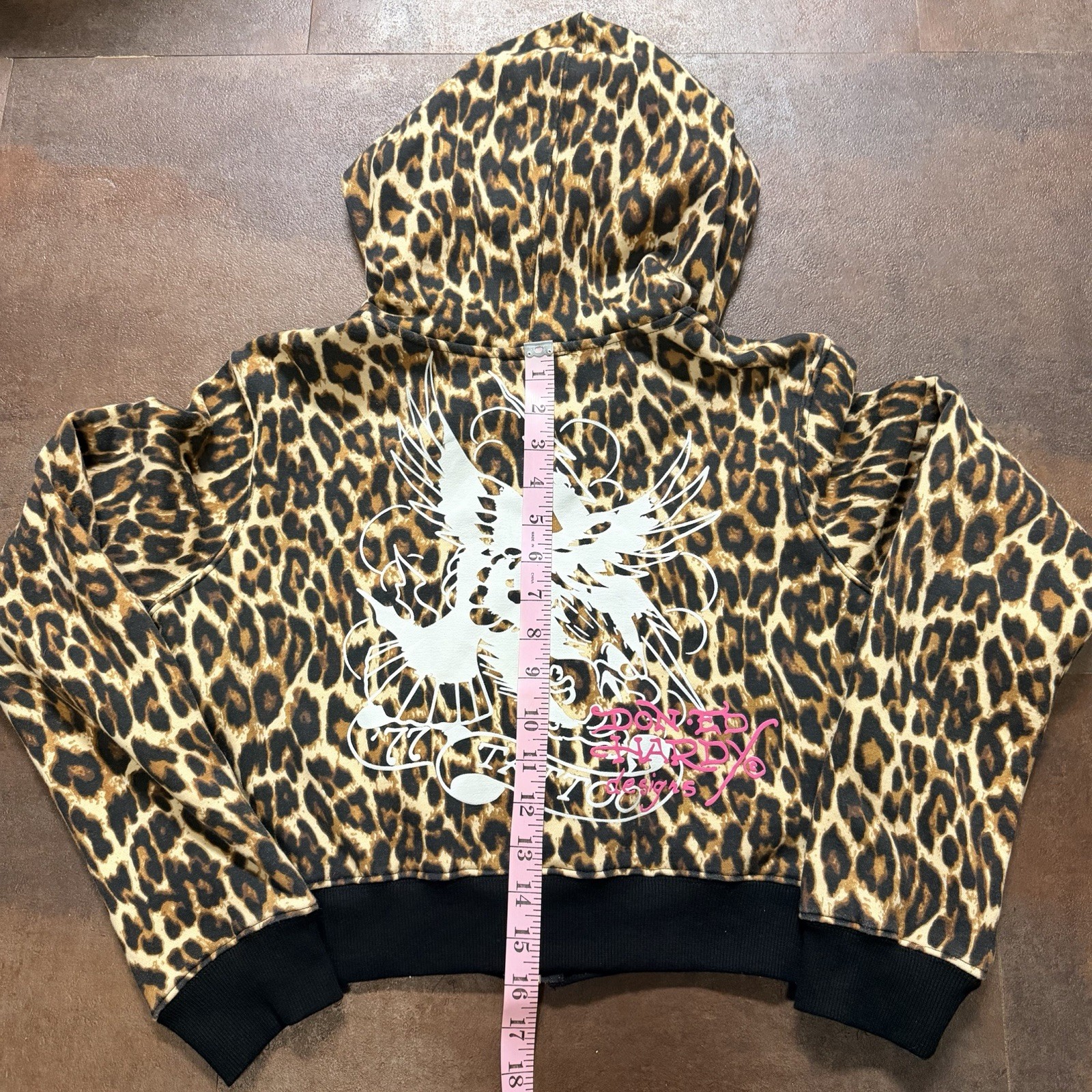 Ed Hardy Leopard Animal Print Zip Hoodie L Women Brown Black Fleece