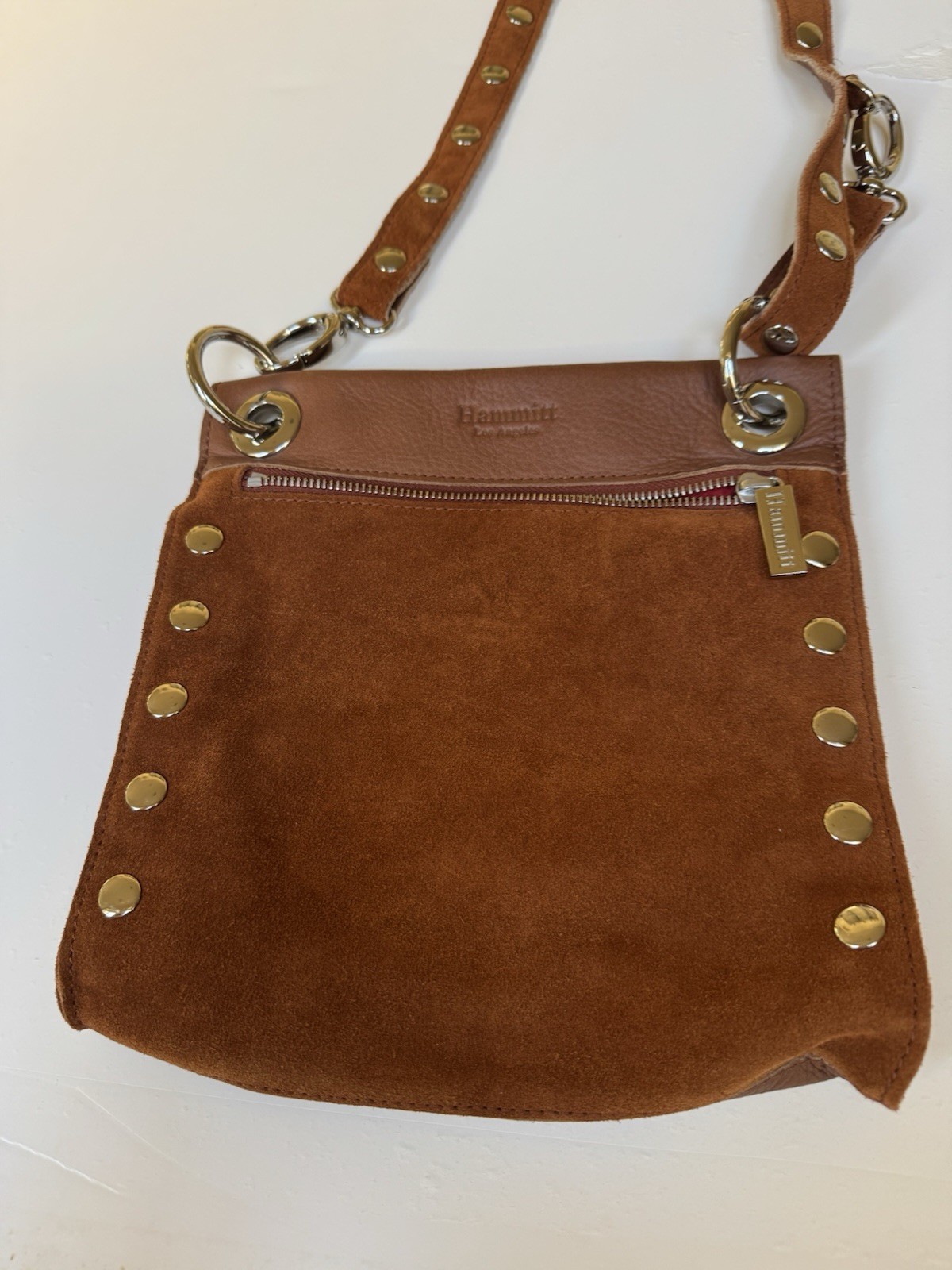 Hammitt Los Angeles Brown Studded Crossbody Bag, Zip Closure, Gold Hardware