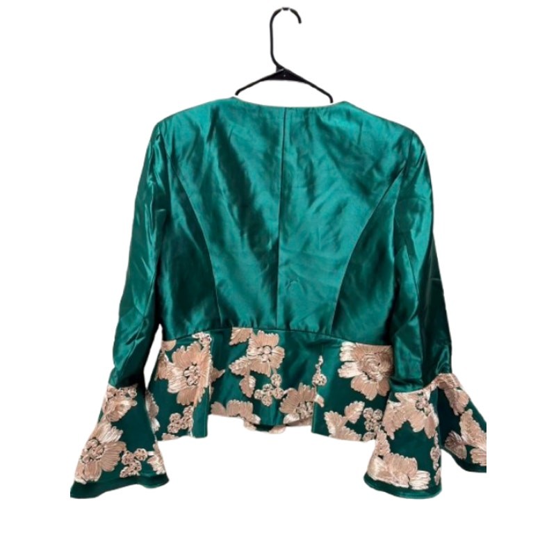 NWT EY Boutique Emerald Green 3-Pc Skirt Suit Set Floral Bell Sleeve Size 14