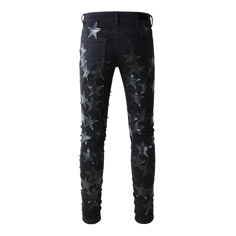 Men’s Ripped STAR PU Patchwork Grunge Skinny fit stretch Denim Washed jeans