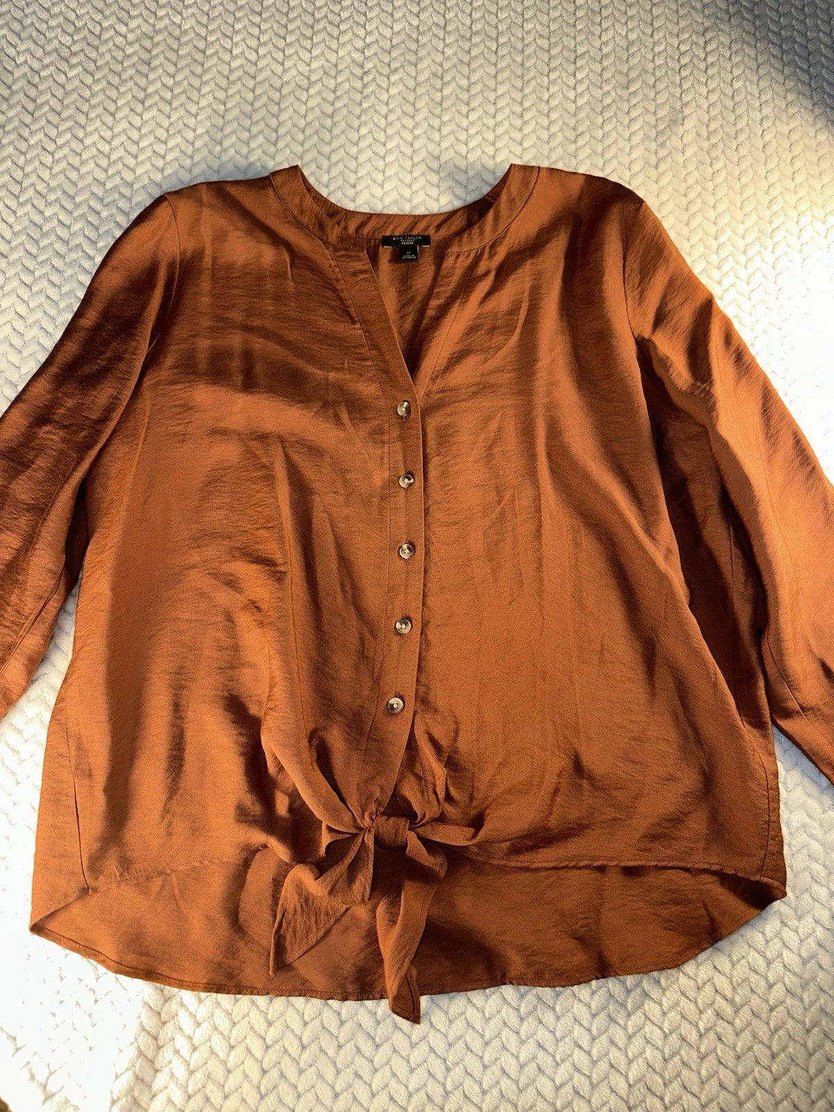 Ann Taylor Women’s Brown Tie Front Roll Tab Sleeves Blouse Top Sz LP