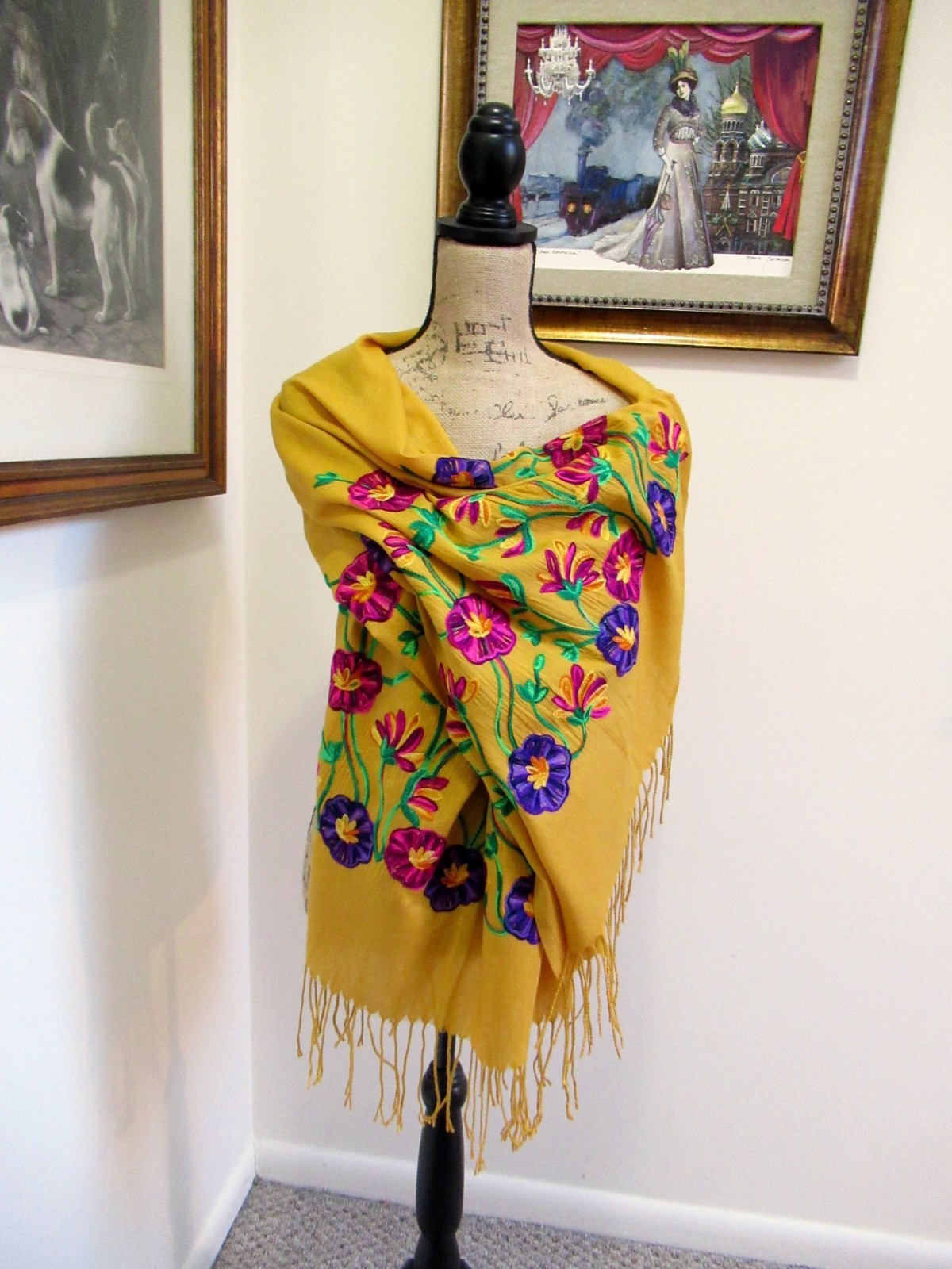 MEXICAN EMBROIDERED SOFT FRINGED SHAWL REBOZO WRAP 76 X 28 – MADE in MEXICO