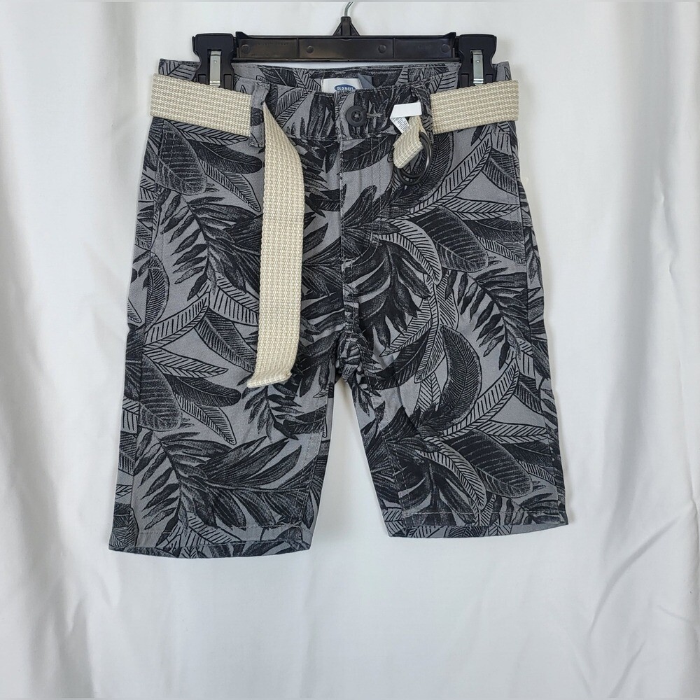 Old Navy Boys Preppy Gray Black Tropical Print Belted Chino Shorts Sz 5 New