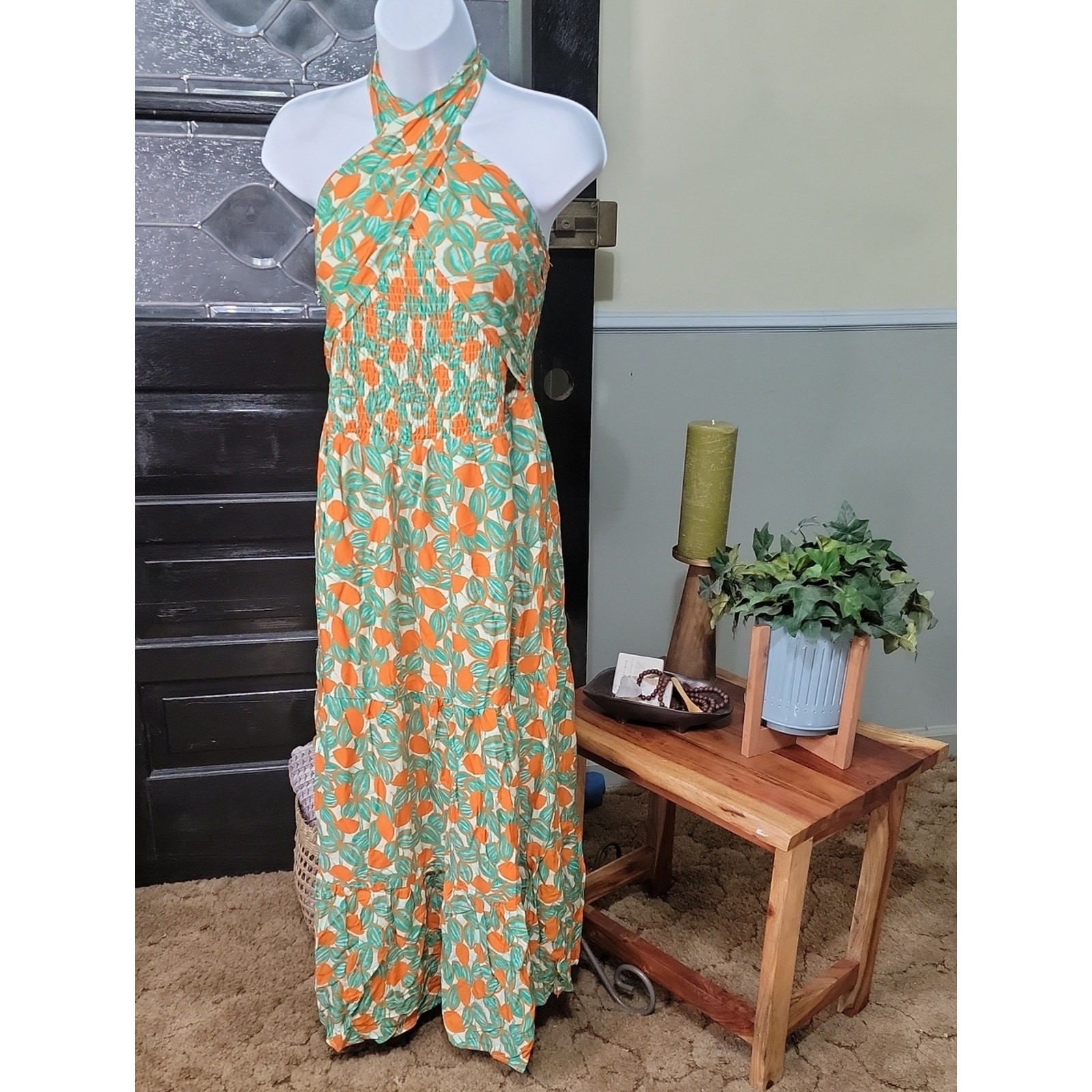 Davi & Dani 2XL Citrus Print Halter Maxi Dress Smocked Top NWT Lined Resort Boho
