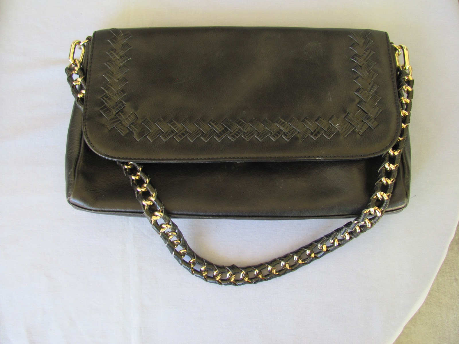 Antonio Melani Black/Dark Brown Leather Handbag With Gold Chain Link Straps