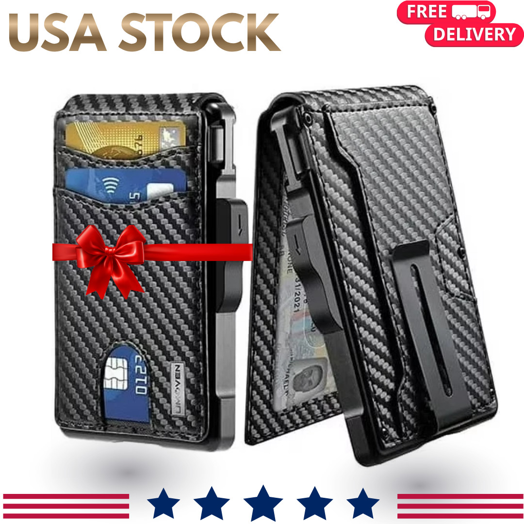 Men’s Slim PopUp Bifold Carbon Fiber Wallet, RFID Blocking, Money Clip, Men Gift