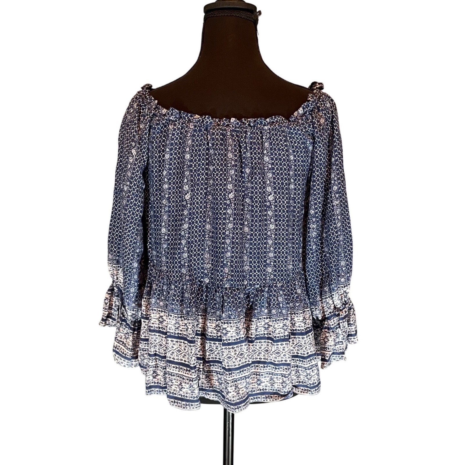 Dear John Blue White Medallion Print Boho Ruffle Peplum Blouse Top XS Peasant