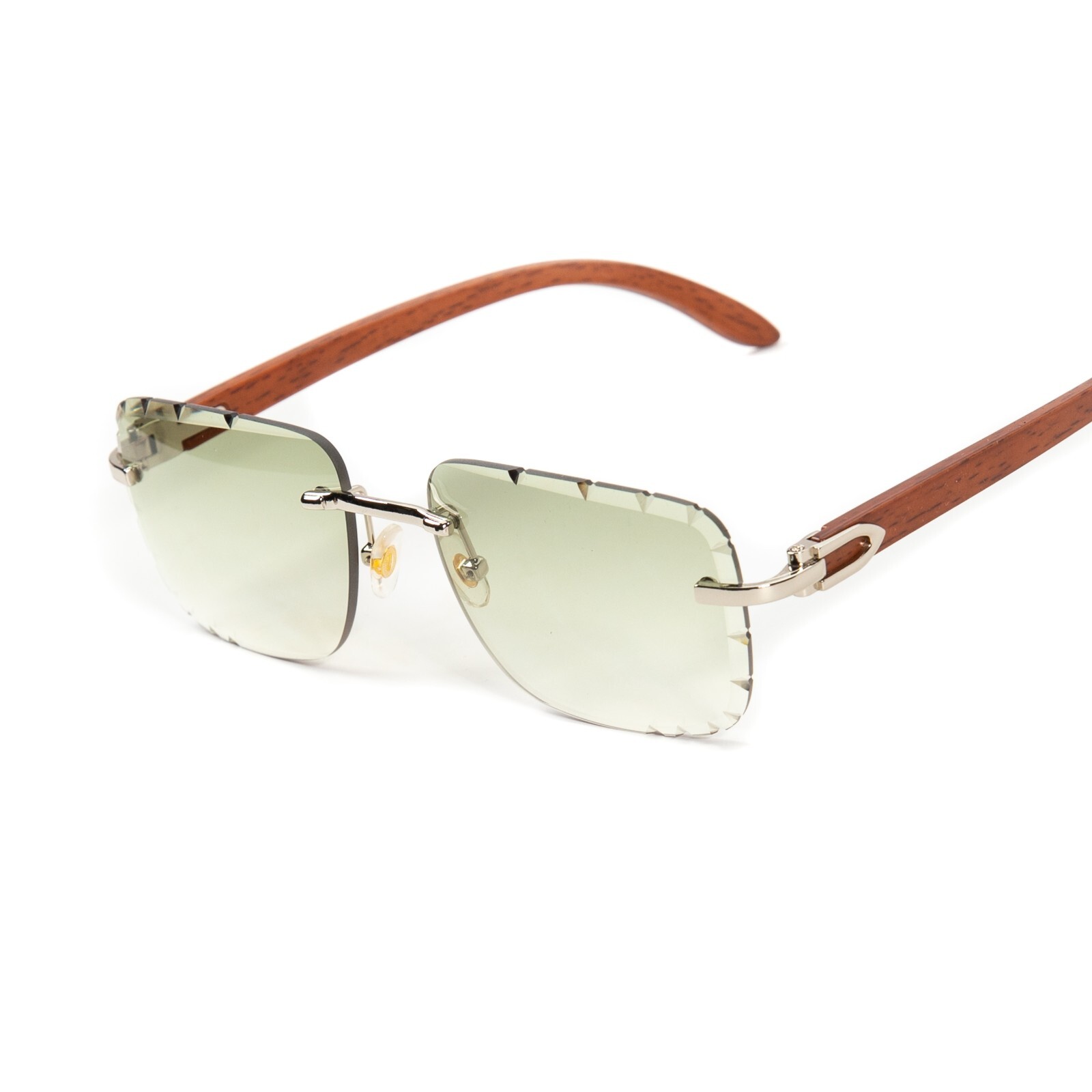 Mens Mint Green Gradient Tint Rimless Silver Frame Woodgrain Gem Cut Sunglasses