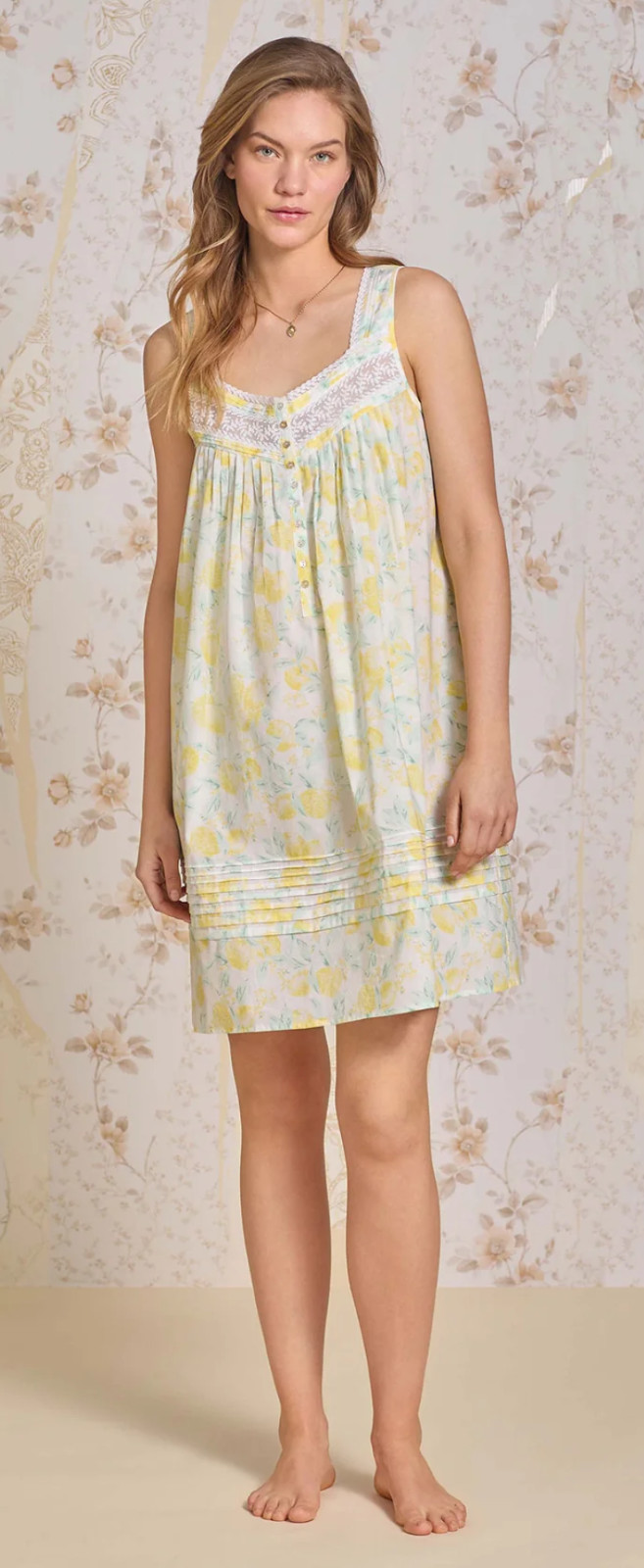 Nwt $68 Eileen West YELLOW LIMONCELLO Cotton Lawn 38″ Short Nightgown Chemise L