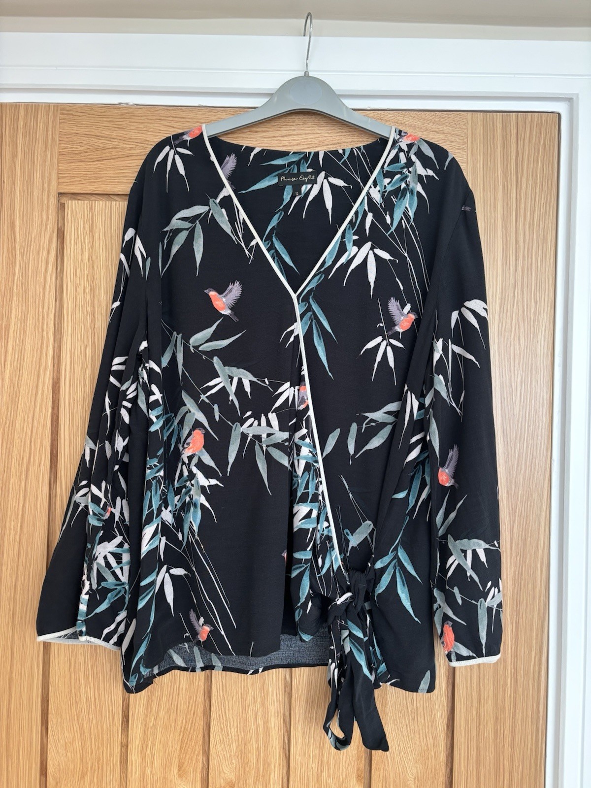 Phase Eight Top Womens UK 14 Black Floral Bird Wrap Blouse Tie Waist Lightweight