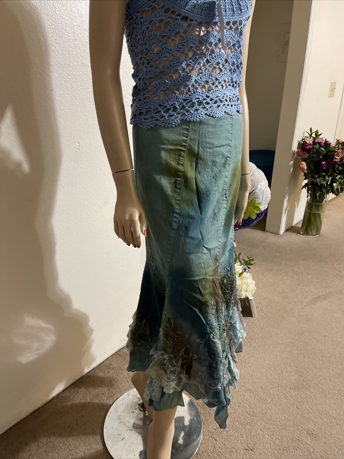 Blue Denim Cotton lace beaded embroidery Ruffle Size Size S(4-6) skirt SK733