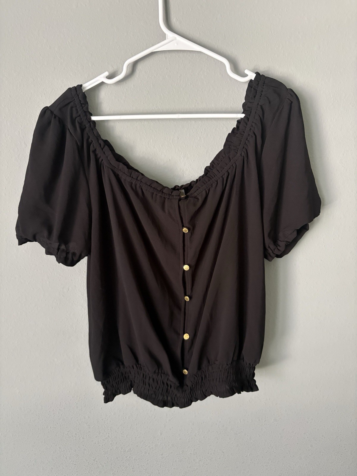 Michael Kors Black Puff Sleeve Smocked Hem Blouse Size Large NWOT