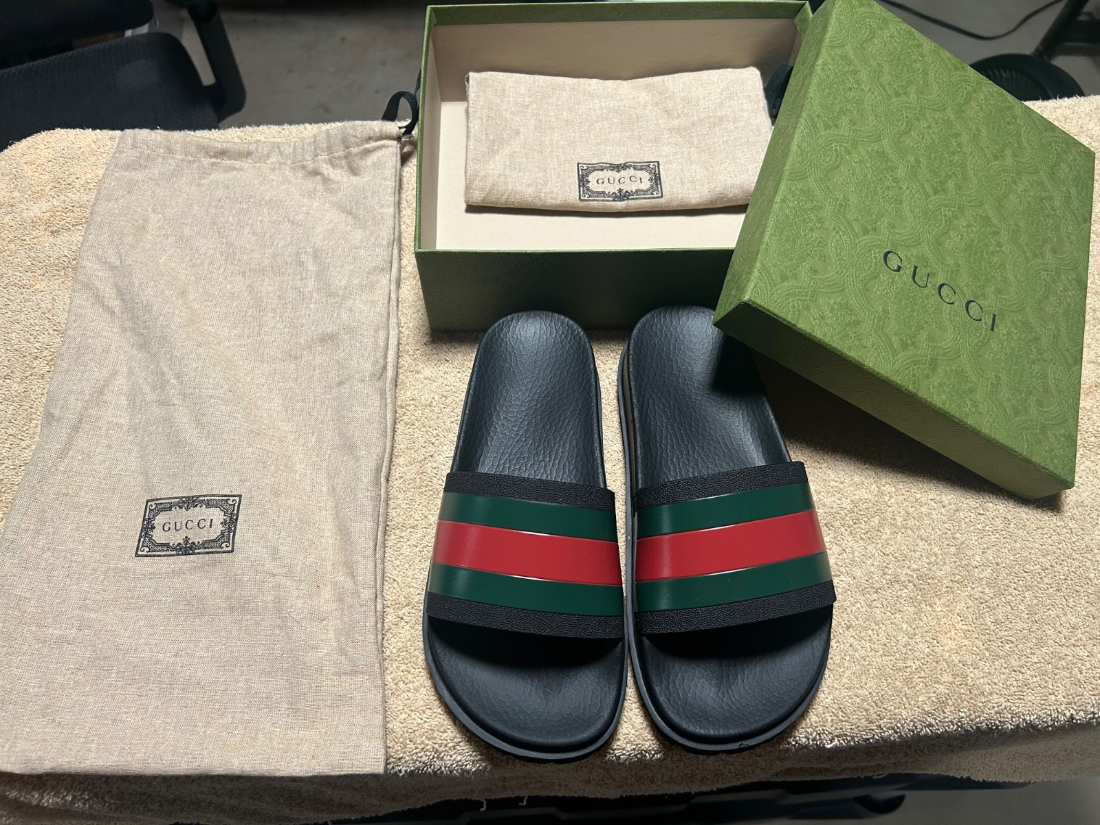 NEW GUCCI LADIES WEB SLIDES SANDALS by FLIP FLOPS SHOES Size: US 8 UK 6 EU 38-39
