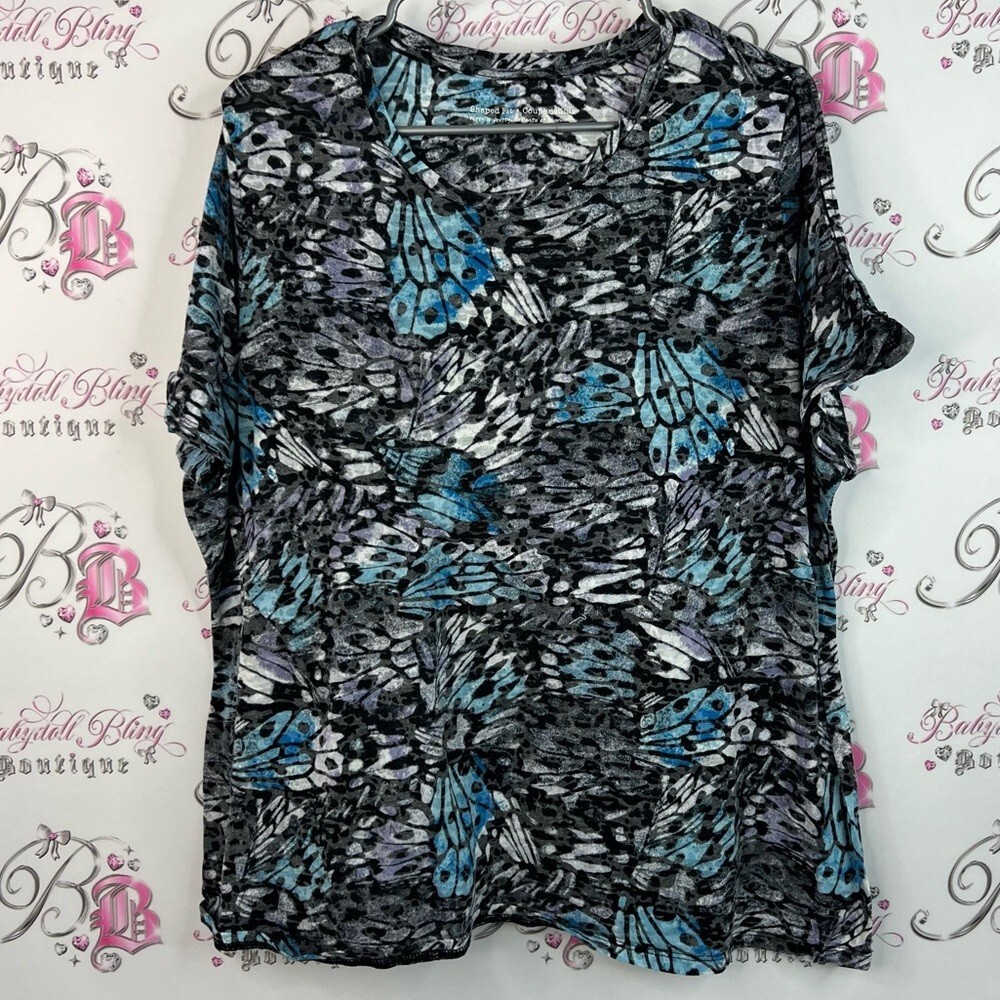 Witty is pretty tshirt butterfly 🦋 wings Elegant Black and Blue Patterned Top