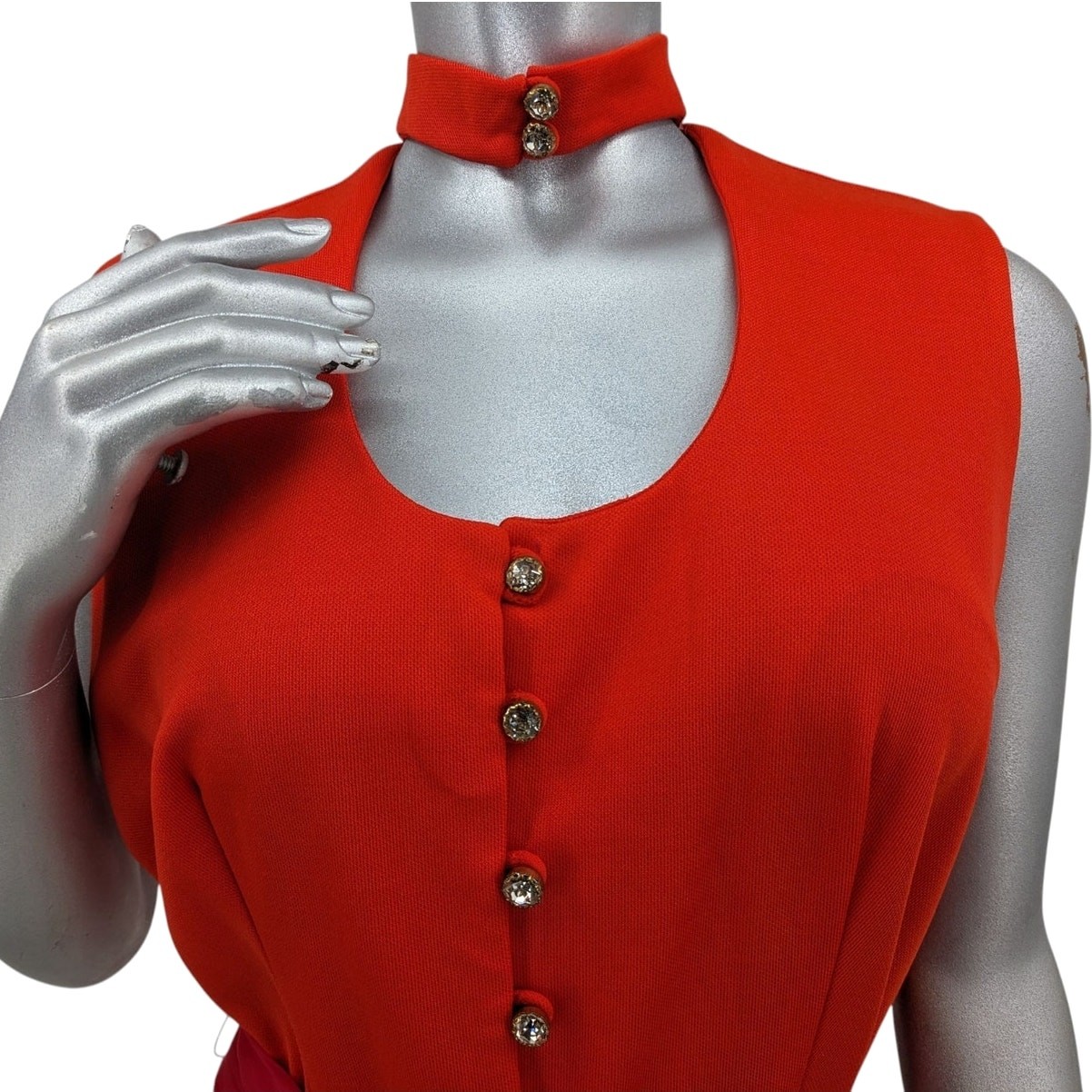 SALE Mod Vintage 60s STEPHEN O’GRADY Maxi DRESS Choker Collar Rhinestone Buttons