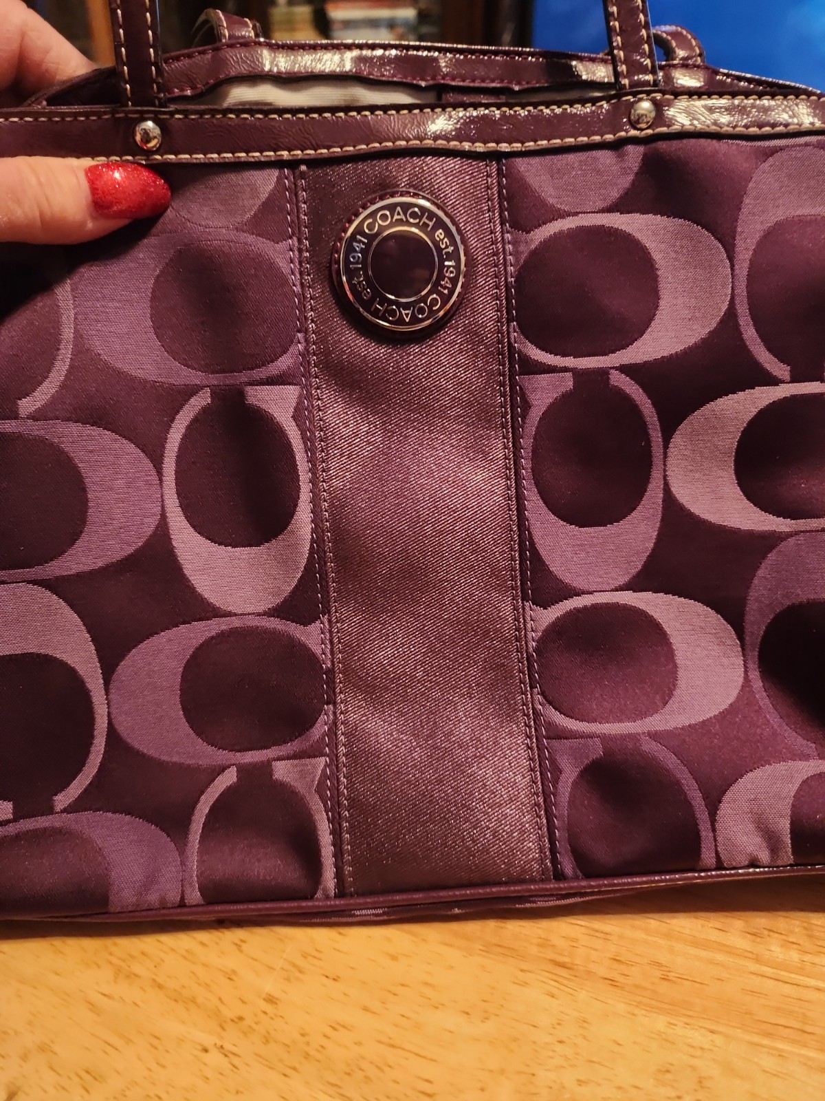 Coach Signature Jacquard Kisslock Tote Bag Purple 20105 Leather Trim
