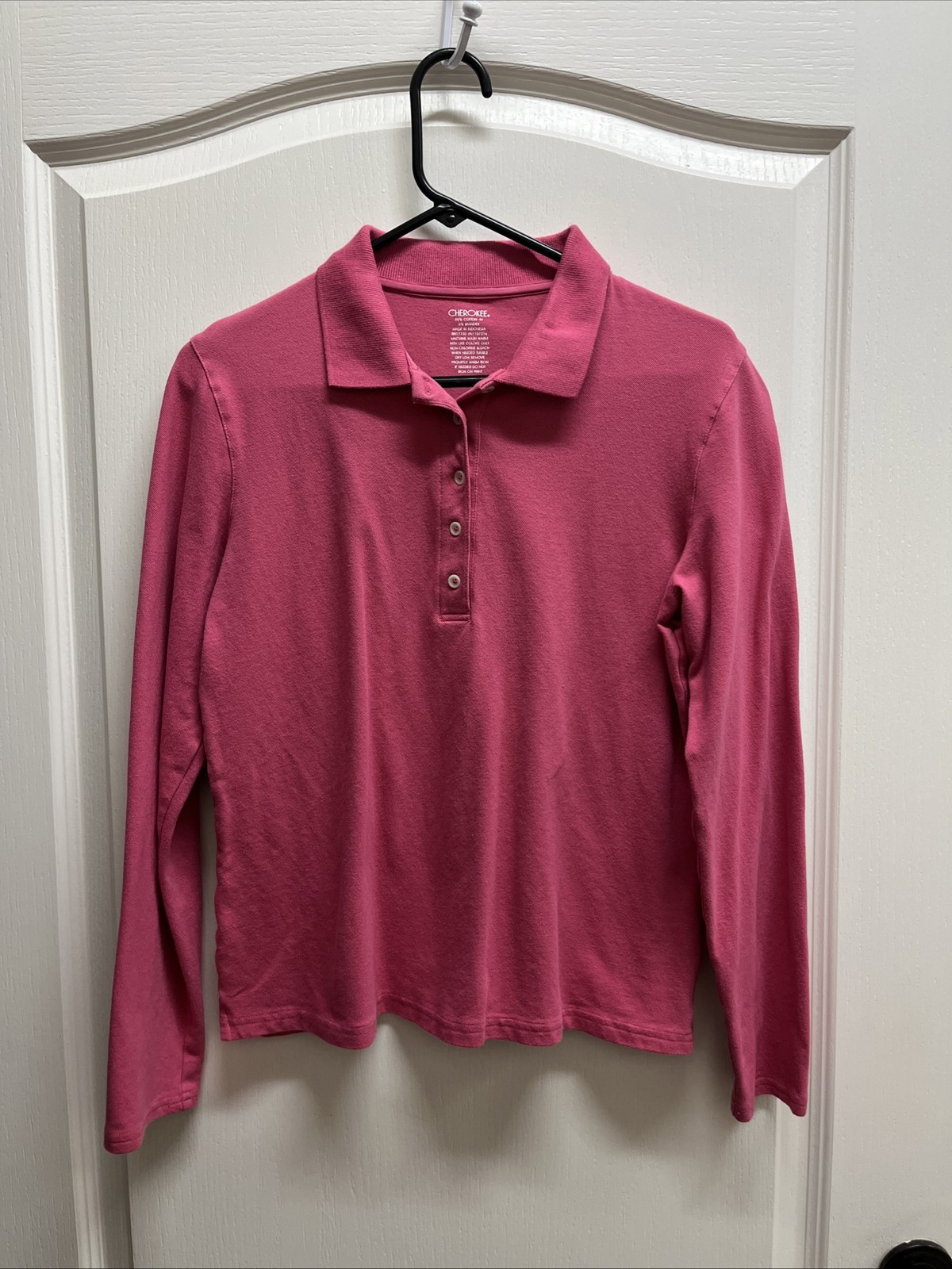 Women’s Cherokee Pink Long Sleeve Polo Top Shirt Medium 95% Cotton 5% Spandex