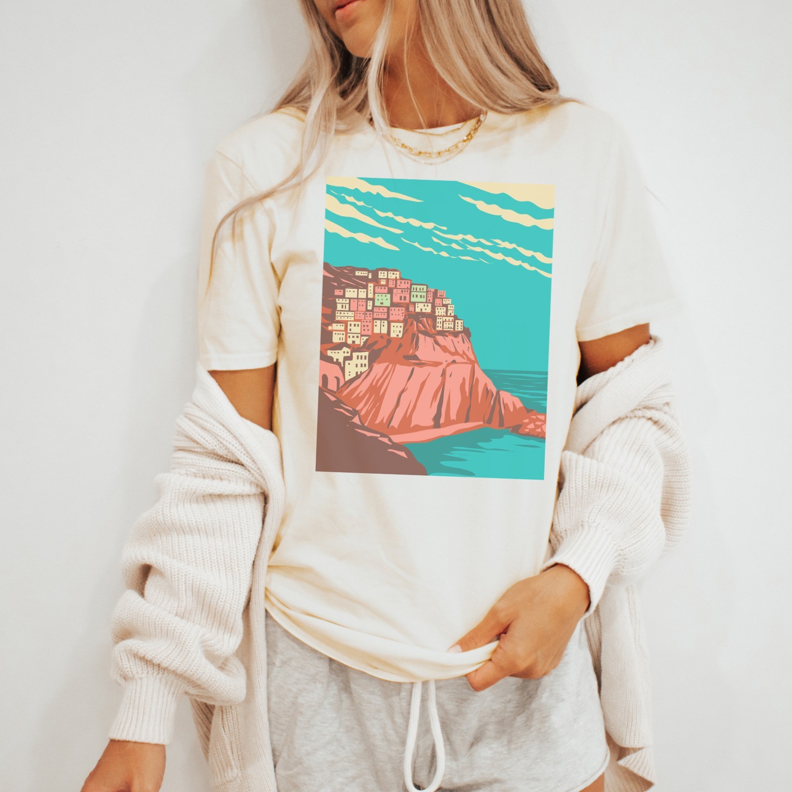Scenic Coastal Town Tee Colorful Cliffside Houses Summer Ocean Graphic Shirt