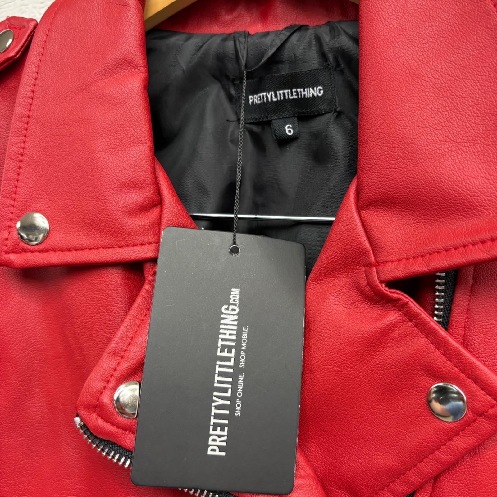 Pretty Little Thing Red PLT Biker Jacket With Zips Crop Moto Size 6 CMZ8084 NEW