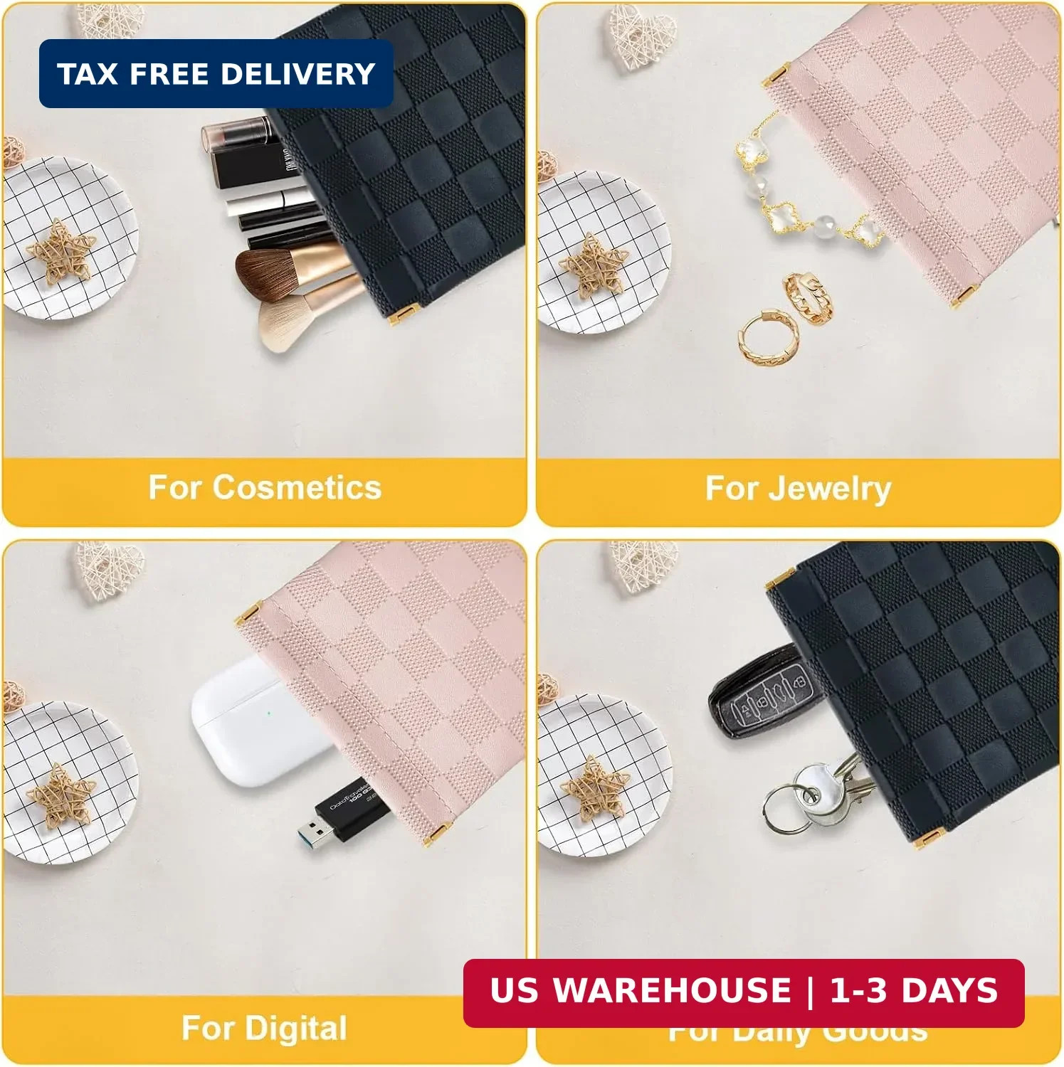 2 PCS Small Makeup Bag for Women, Small Pouches for Purse,Mini Checkered Cosmeti