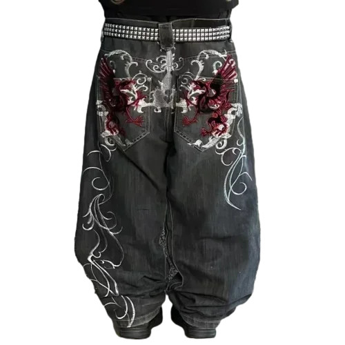 Embroidered Griffin Baggy Jeans Grunge Y2K Wide Leg Gothic Streetwear S-2XL