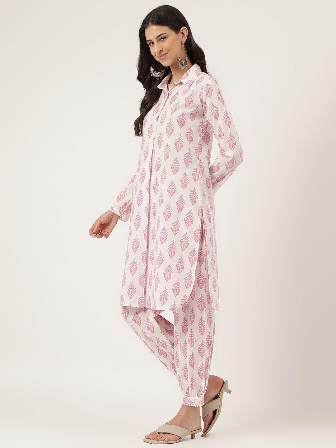 White Cotton Straight Kurta Hem Cuffed Pant Co-Ord Set for Women Plus Size