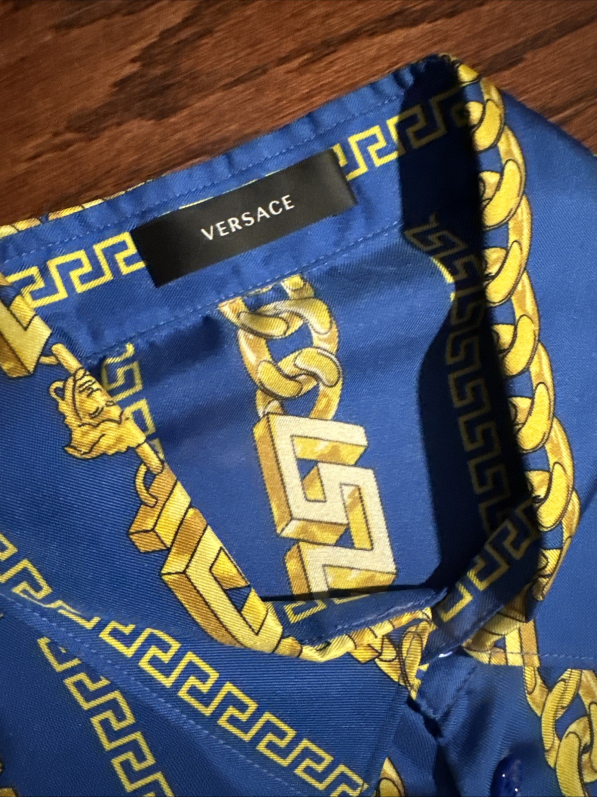 Versace Blue/Gold Chain Link Silk Button Up Shirt Sz IT56 US XL 100% Authentic