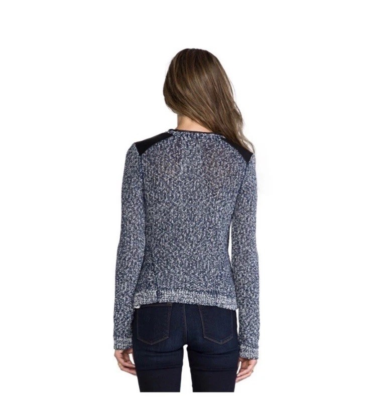Tweed Knit Long Sleeve w/ Faux Leather Trim Zip Jacket Sweater Sz Small