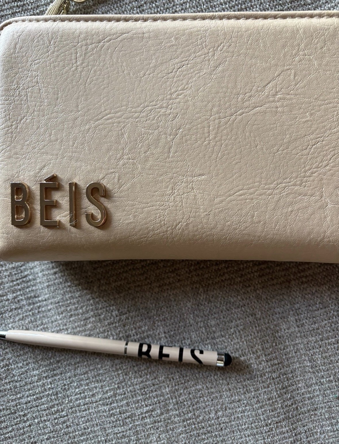 BÉIS Beige Zip Wristlet Wallet w/ Wrist Strap, Logo & Credit Card Slots