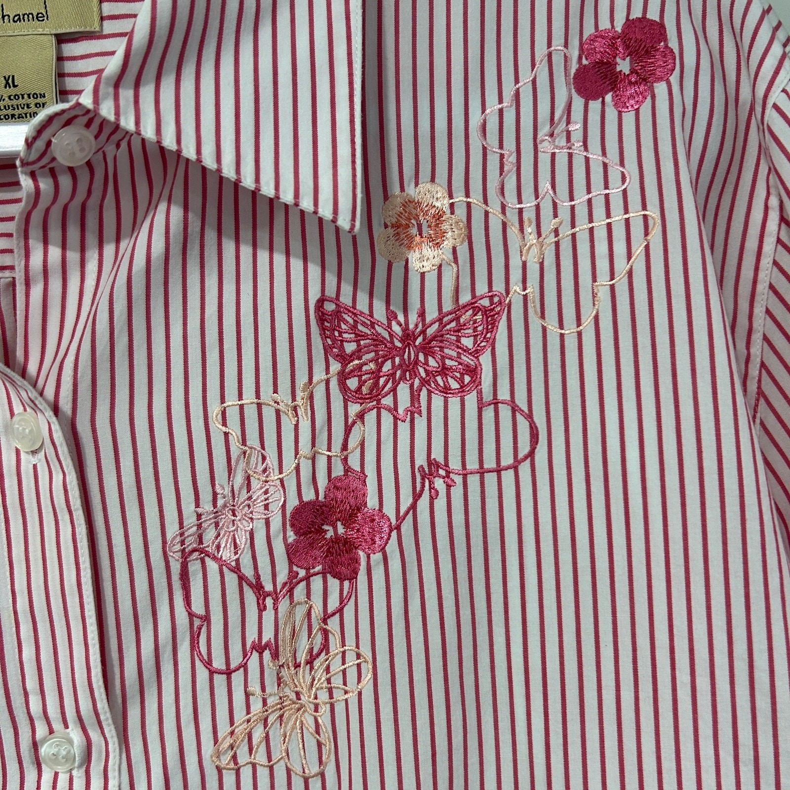 Embroidered Floral Butterfly Stripe Button Shirt Cottage Artsy Pink XL Bechamel