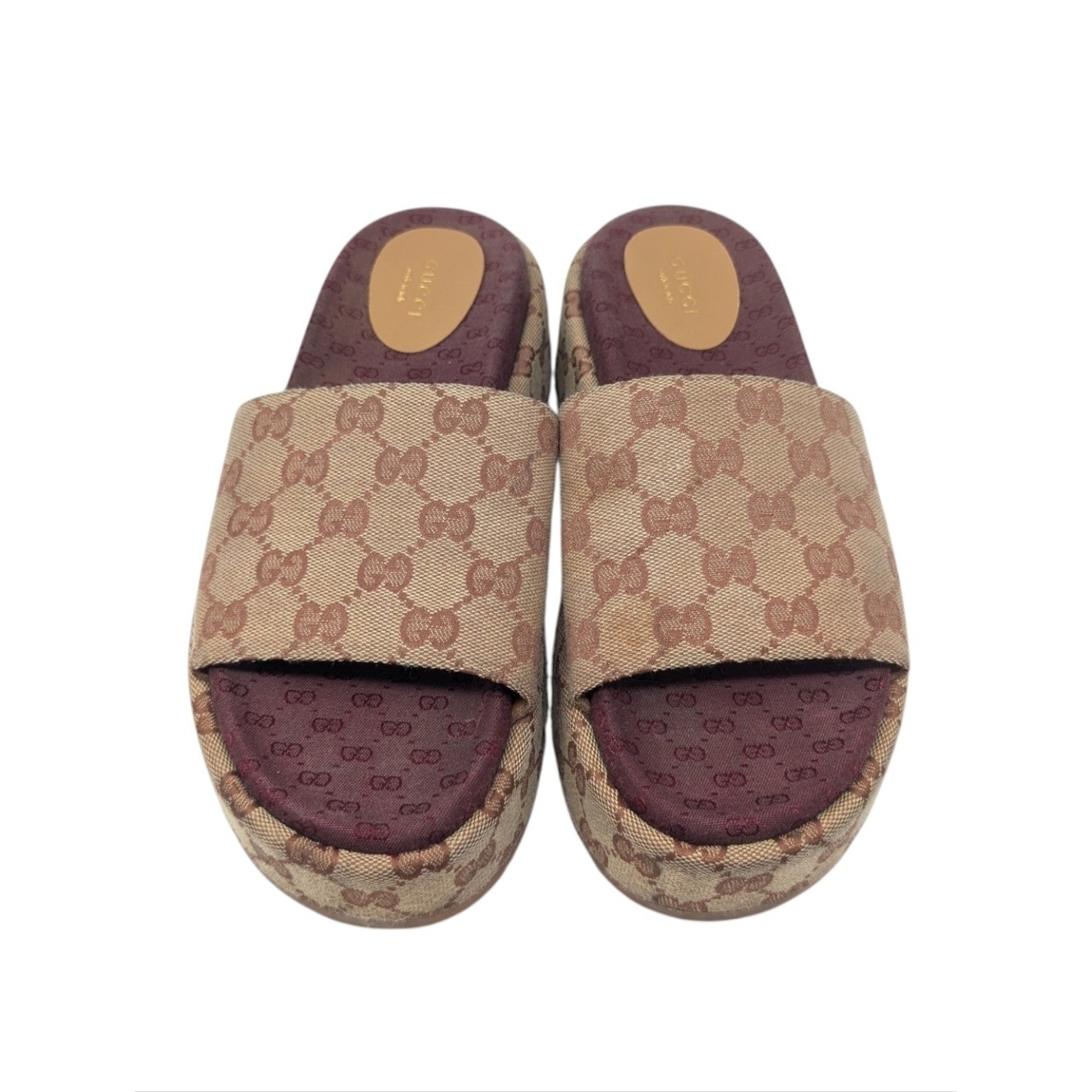 Gucci Angelina Burgundy Rust GG Monogram Logo Canvas Platform Slide Sandal EU 39