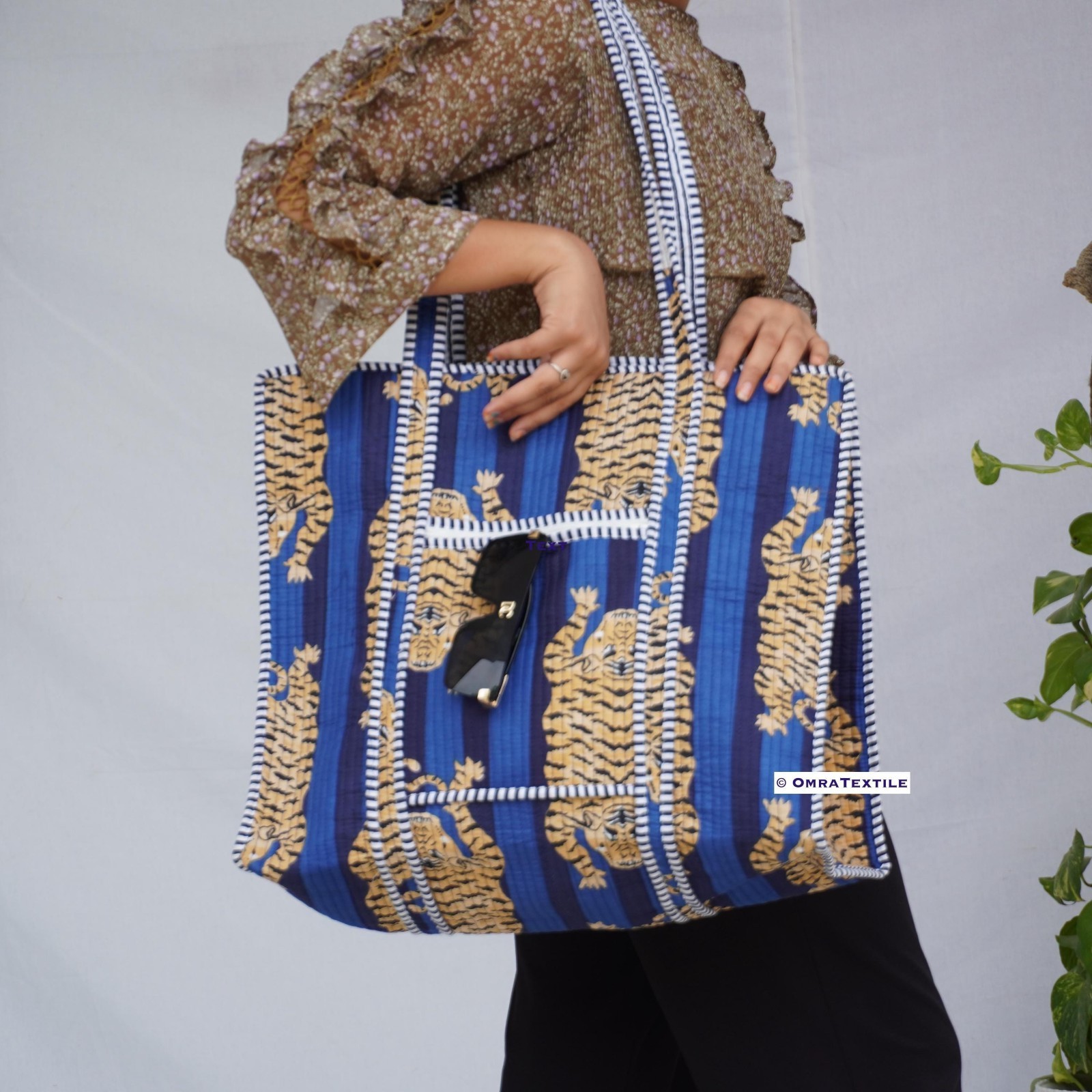 Handmade Cotton Tote Bag Blue Tiger Print Quilted Indian Travel Shopper Bag