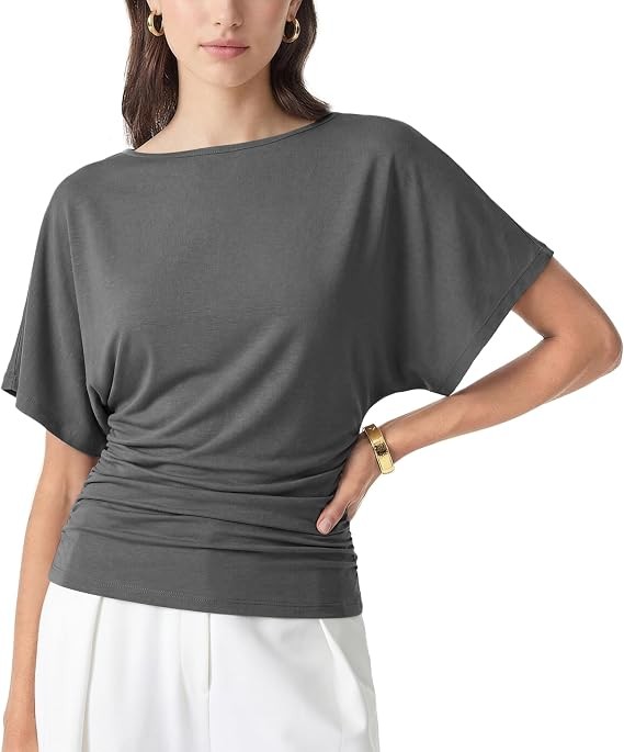 OGL x Sandwashed Effortless Boatneck Batwing Sleeve Side Ruched Top, Shadow