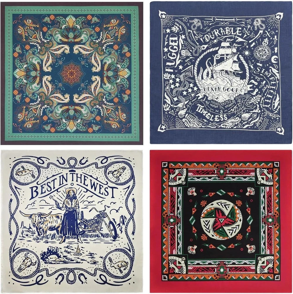 Bycc Bynn 4-Pack 100% Cotton Bandana Set, Vintage Graphic Print, 22×22 inches