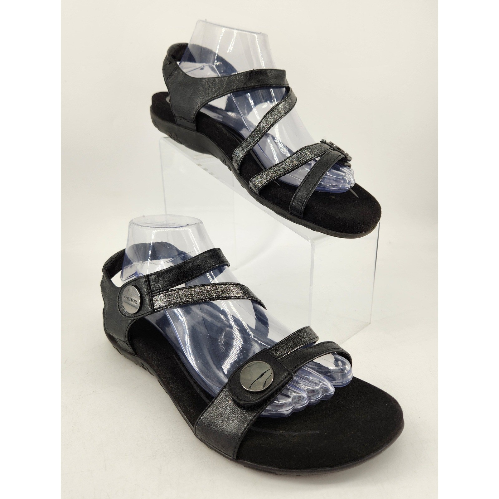 Aetrex Jess Strap Sandals Womens 9-9.5 Black Metallic Strappy Comfort SE210W