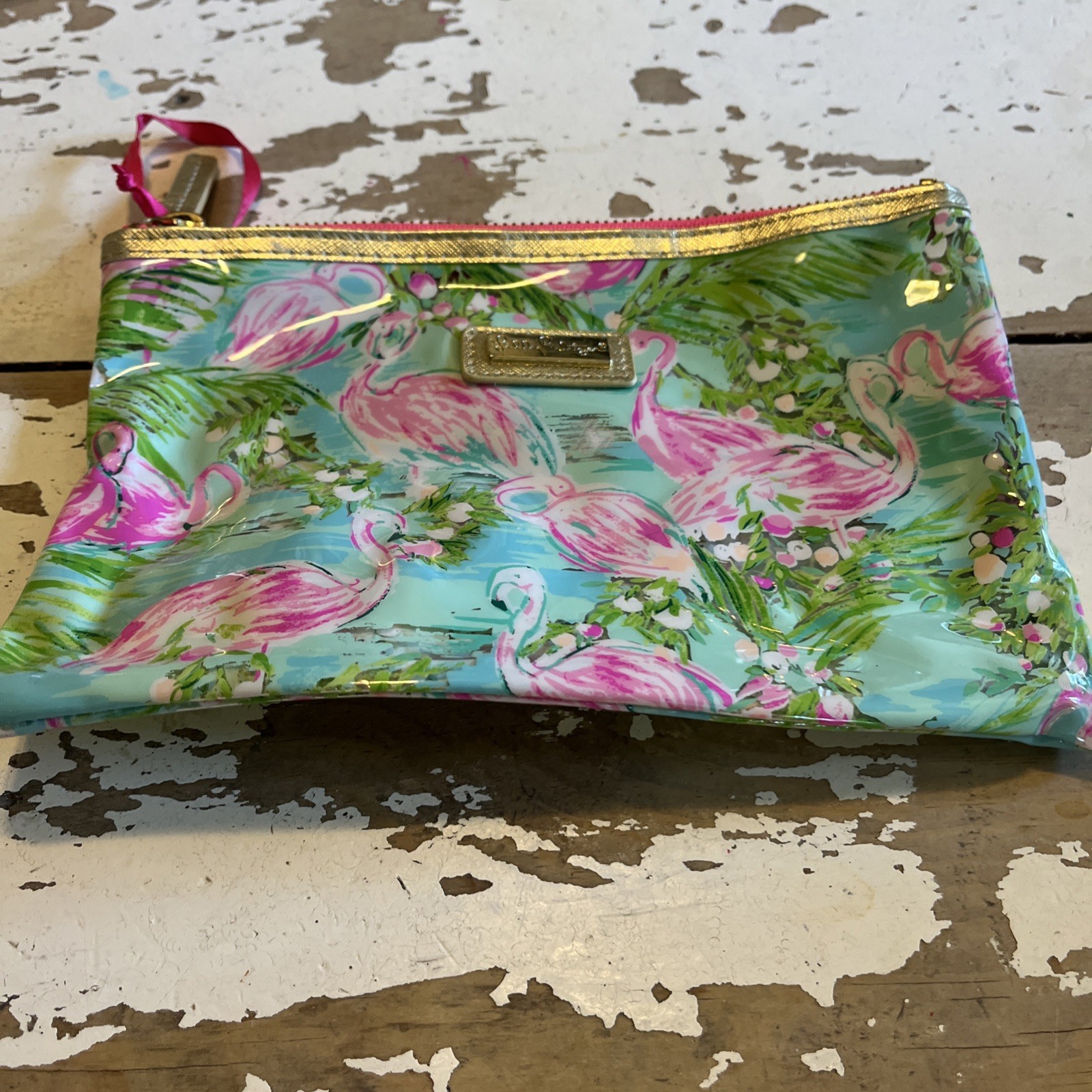 Lilly Pulitzer Pink Flamingo Vinyl Pouch bag zip Pencil Case makeup 8.75”x6”