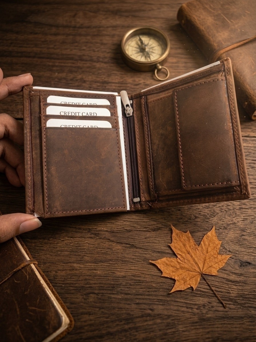 Vintage Brown Knp Leather Trifold Wallet Zipper Coin Pocket Card Holder..