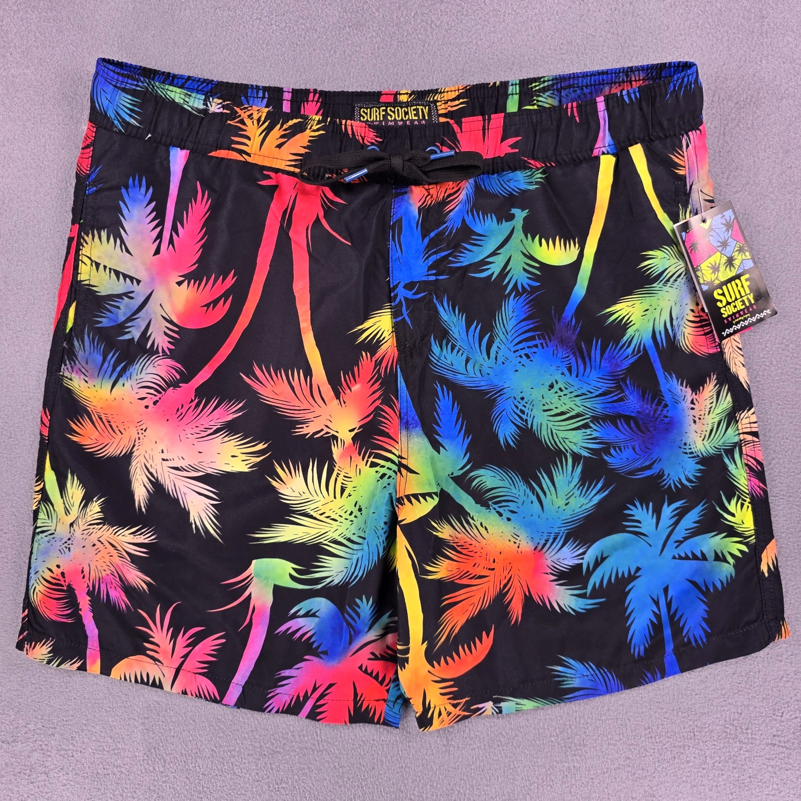 New Surf Society Swim Trunks Men’s Large Rainbow Palm Trees Black Shorts Pride