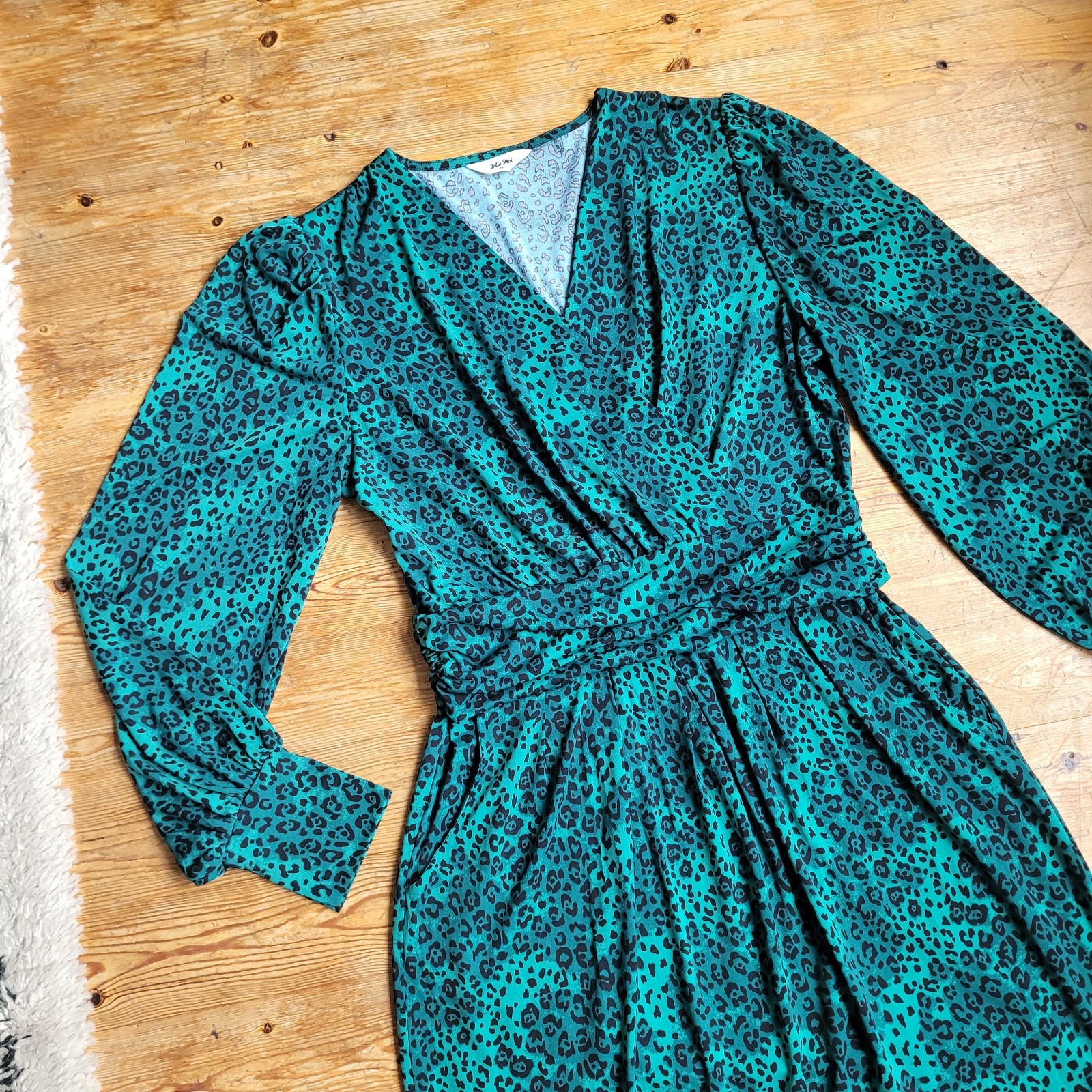 Jolie Moi Green Animal Print Jersey Dress V-neck Knee Length Pockets Size 14 Uk