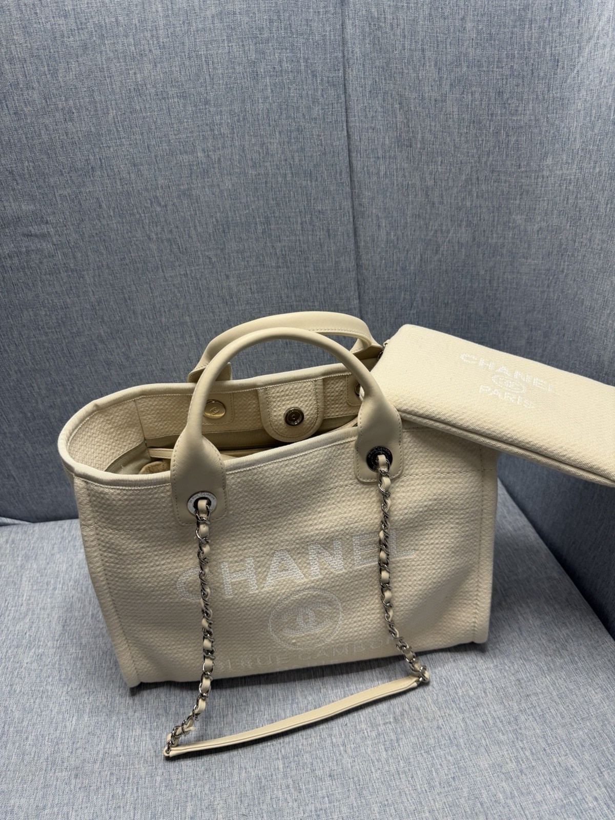 Chanel Deauville MM Tote Bag With Pouch Chain Tweed Material White