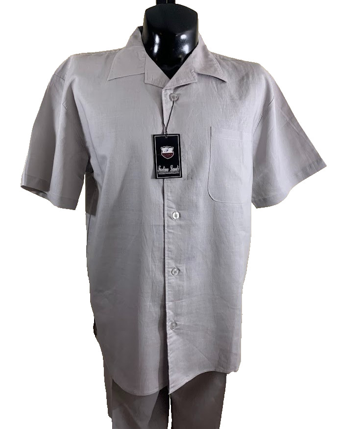 Fortino Landi Mens 2pc Walking Suit Linen Shirt Pleated Pants Set Large Gray 36