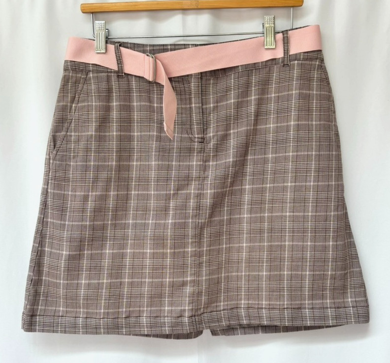 Ladies IZOD Golf Brown Pink Check Plaid Golf Skort Skirt Built in Shorts US4 UK8