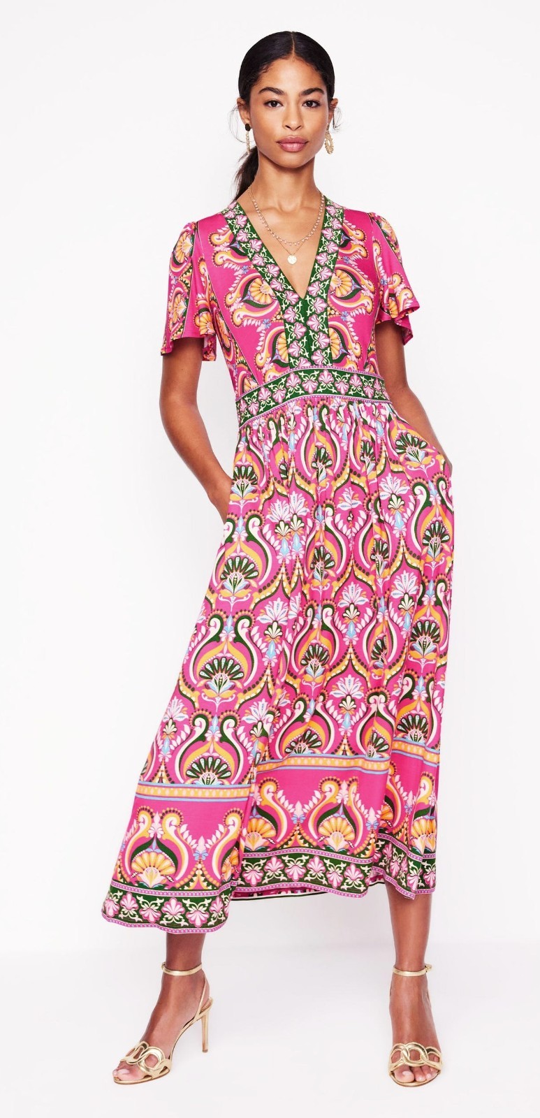 Boden ELLIE FLUTTER V-Neck Pink/Green/Yellow Short Sleeve Jersey Maxi Dress 18R