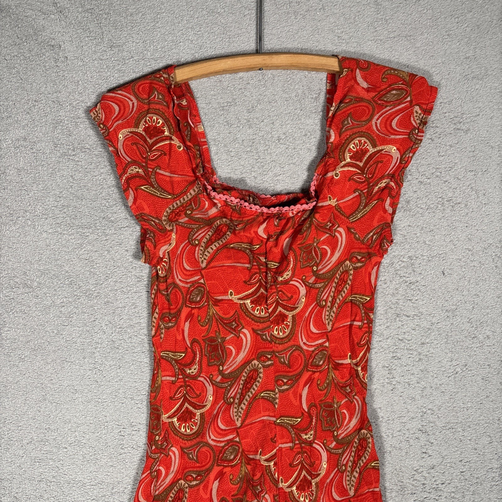 Rampage Vintage 90s Red Paisley Rayon Midi Dress Square Neck Ruffle Hem Fits XS
