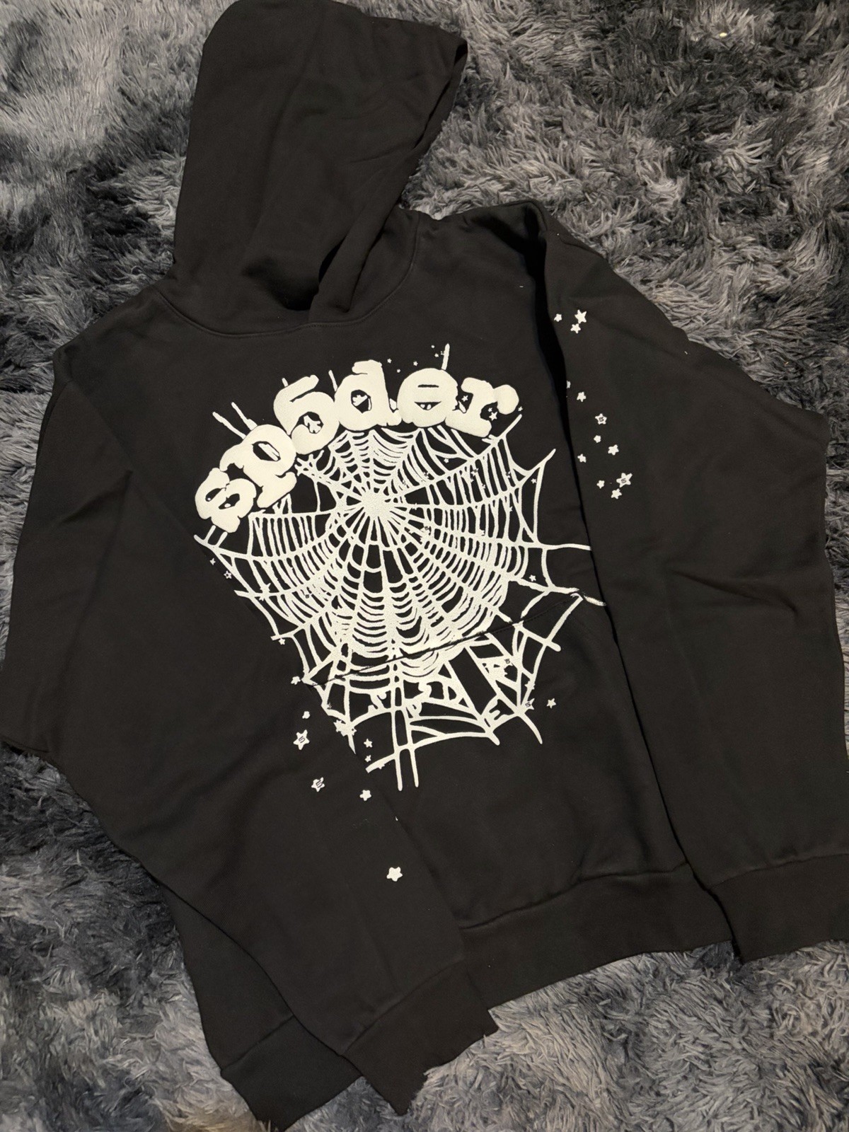 sp5der Black/White Pullover Hoodie Spider Web Graphic Print Long Sleeve XL