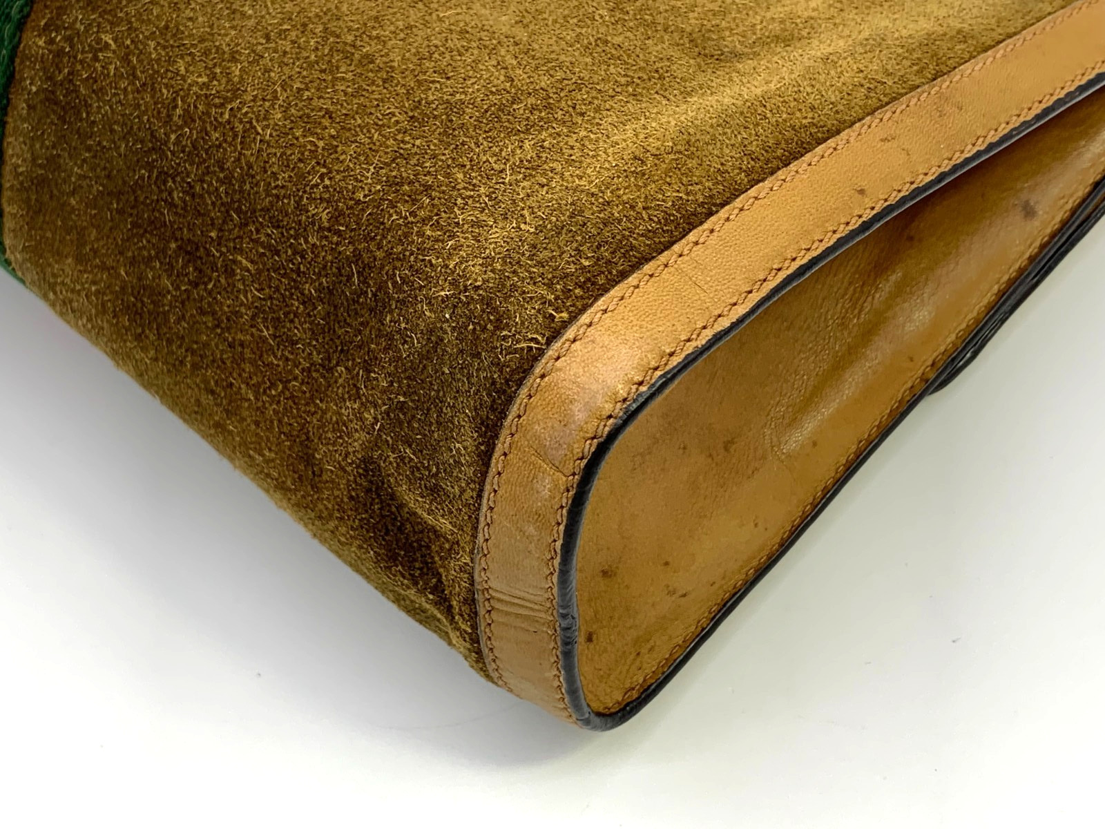 GUCCI VINTAGE Web Stripe Clutch Suede Leather Camel Large Rare Authentic