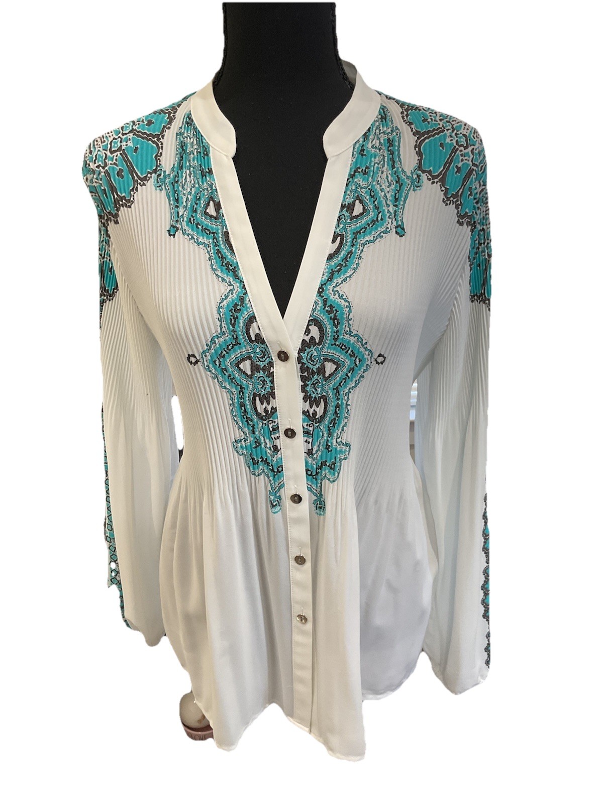 Alfani Petite Turquoise And White Tunic Buttons Small Pull NWT SZ 14 P LONG SLVS