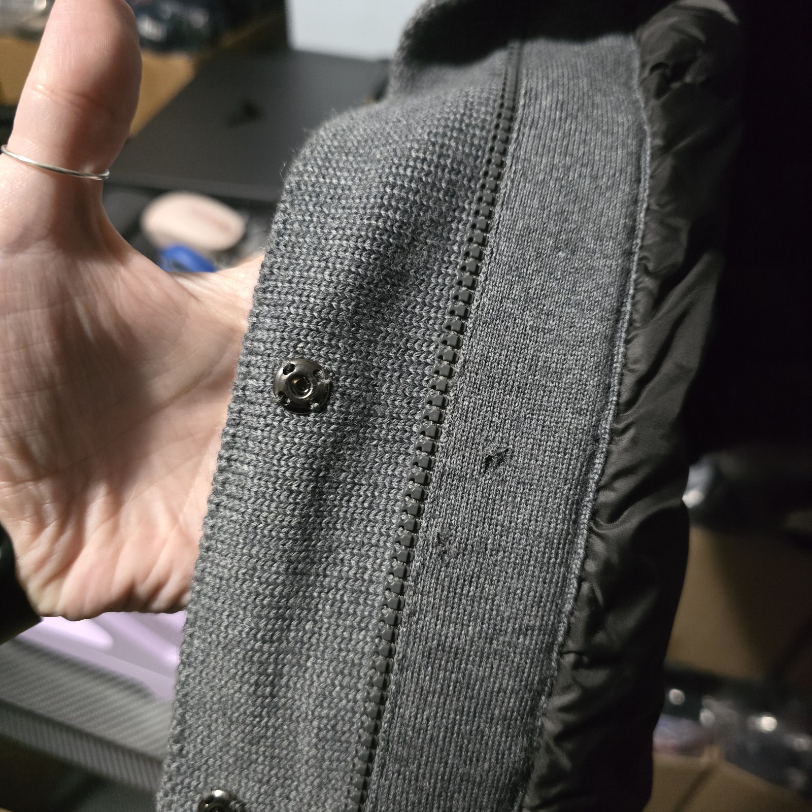 Moncler Women Black Grey Wool & Down Hybrid Knit Puffer Jacket Size S Logo Patch